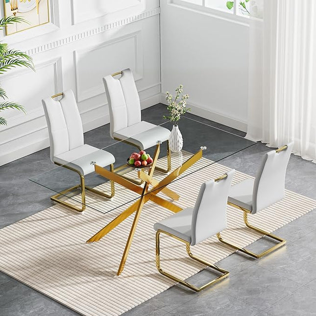 HomVent 5 Piece Rectangular Glass Dining Table Set, Rectangular Glass Kitchen Table Set for 4 with 4 PU Upholstered Dining Chairs for Kitchen Dining Room