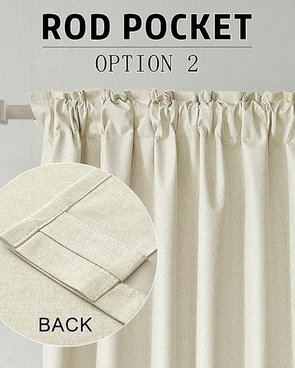DUALIFE Blackout 96 Inches Long Cream Beige Curtains 2 Panel Set, Farmhouse Curtains for Living Room Darkening Thermal/Noise Reduction Textured Flax Linen Drape 8ft Rod Pocket&Back Tab 72W x 96L