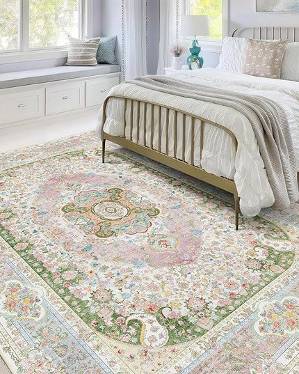 5x7 Area Rugs Washable,Pink Rug for Living Room Bedroom Kitchen,Large Boho Vintage Bohemian Distressed Carpet Non Slip,Blush Green
