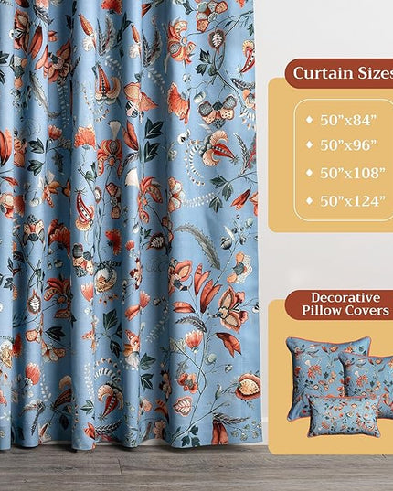 Maison d' Hermine Curtains for Living Room 100% Cotton 108 inch Length One Panel Light Filtering Curtains for Bedroom Windows with Rod and Loop Pockets Drapes (Dalida Blue, 50" W x 108" L)