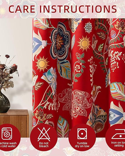 XiDi Red Floral Patterned Blackout Curtains 96 Inches Long 2 Panels for Bedroom Living Room Thermal Insulated Luxury Vintage Flower Curtains Botanical Leaf Printed Grommet Window Drapes Red 52x96