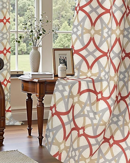 DriftAway Alexander 100% Blackout Curtains for Living Room Linen Blend Pattern Match Thermal Insulated Room Darkening Geo Moroccan Mid Century Back Tab Bedroom Drapes 2 Panels 52 x 63 Inch Linen Red