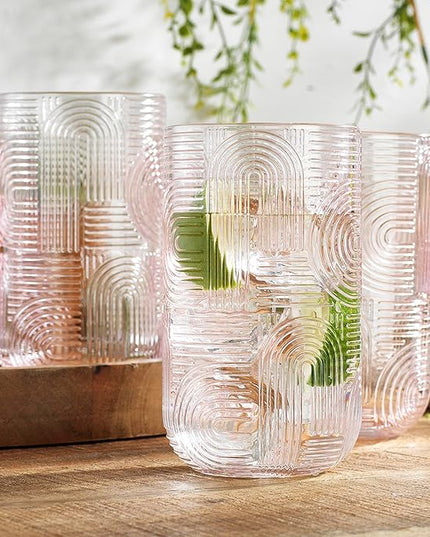 Glaver's Drinking Glasses, Set of 4 Pink Highball 17 Ounce Modern Embossed New Designed Kitchen Glasses Elegant Modern Glassware for Everyday Home or Bar Water Juice Cocktails. Urban Pattern