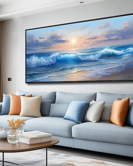 XIGUANGART Ocean Canvas Wall Art, Blue Sea Wave and Large Coastal Beach Paintings Sunset Seascape Pictures Artwork Wall Decor for Living Room Bedroom Bathroom Kitchen Hallway Home Office Black Framed