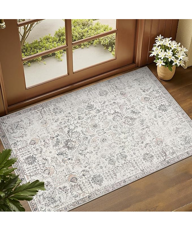 jinchan Kalen Area Rug 2x3 Washable Entryway Rug Vintage Doormat Indoor Entrance Lightweight Thin Retro Distressed Door Mat Floral Print Gray Country Boho Non Slip Carpet for Bathroom Bedroom Grey