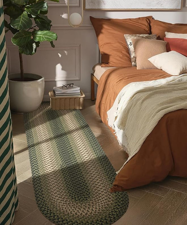Tranquility TQ22 Green 2' x 6' Runner- Braided Area Rug, Home Decor, Floor Mat or Bedroom Rug - Easy Care, Ideal for High Traffic Areas in Hallway and Living Room - Made in USA
