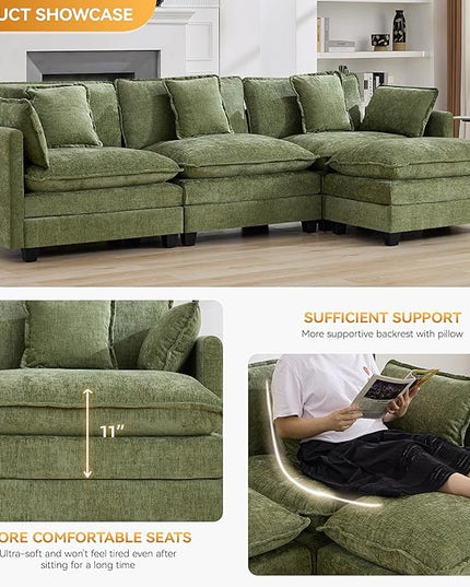 111'' Sectional Cloud Deep Seat Couch, Modern Comfy Chenille L Shaped Sectional Sofa for Living Room Set, Upholstered Modular 3-Seats Sofa Couch with 1 Movable Ottoman, Green