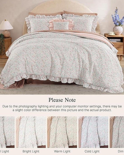 Full Comforter Set - 7 Pieces Ruffle Pink Ditzy Bedding Sets, Shabby Chic Farmhouse Bed in a Bag Full with Floral Comforter, Sheets, Pillowcases & Shams