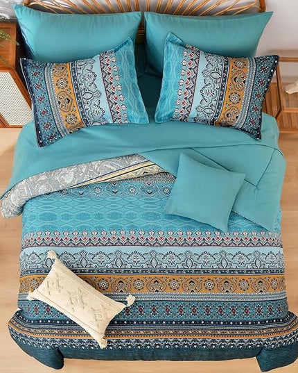 Boho Full Comforter Set 8 Pieces,Teal and Yellow Bohemian Comforter Paisley Striped Bed in A Bag,Soft Microfiber Bedding Set for All Season