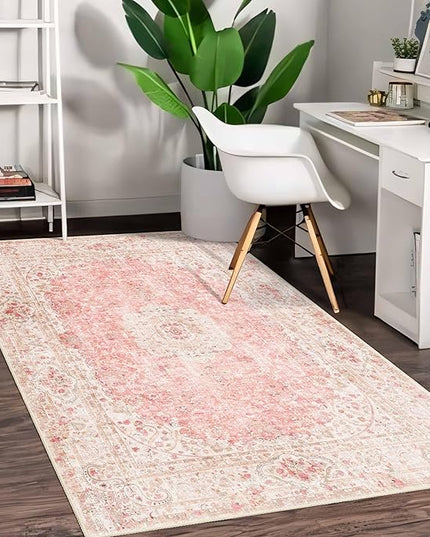 Pink Rug 3x5,Washable Area Rugs for Bedroom Living Room Kitchen Entryway,Small Boho Vintage Bohemian Distressed Non Slip Carpet,Blush