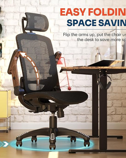 GABRYLLY Ergonomic Office Chair, High Back Home Desk Chair with Headrest, Flip-Up Arms, 90-120° Tilt Lock and Wide Cushion, Big and Tall Mesh Chairs for Man Woman, Black Task Chair(Dark Woodgrain)