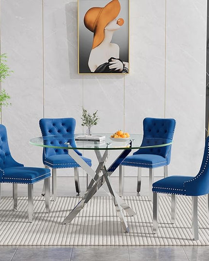 Round Glass Dining Table Set for 4, 47'' Clear Circular Kitchen Table and Chairs Set, 5PCS Modern Circle Dining Room Table Set with 4 Velvet Dining Chair for Home