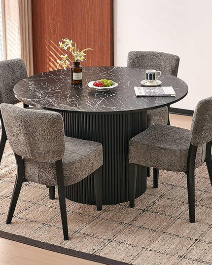 Howtek 5-Piece Modern Dining Room Set, 47" Faux Black Marble Round Dining Table with 4 Gray Space-Saving Upholstered Stackable Dining Chairs, Kitchen Table and Chairs Set for Home