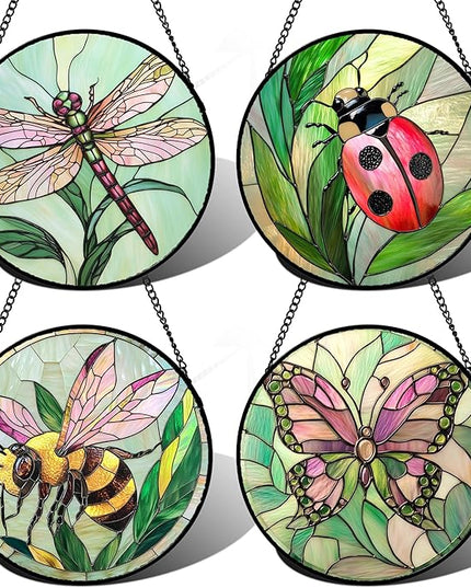 Stained Glass Window Hanging 4 Pcs Set Pink Green Insect Theme 7.8" - Butterfly Suncatcher Door Garden Sun Catcher Decor Birthday Christmas for Mom Woman Nana Men