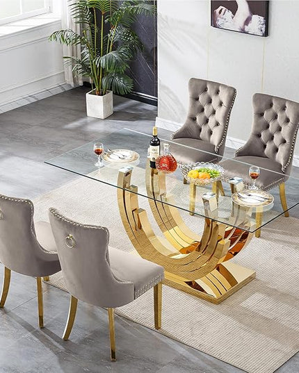 Henf 5-Piece Glass Dining Table Set with 4 Upholstered Dining Chairs,Large Glass Dining Room Table Set for 4, Modern Kitchen Table Furniture for Dining Room, Gold Dining Table and Chair Set for 4