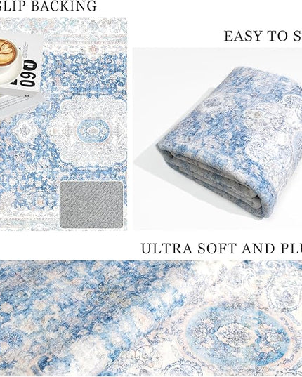 Blue Rug 3x5,Washable Area Rugs for Bedroom Living Room Kitchen Entryway,Small Boho Vintage Bohemian Distressed Non Slip Carpet,Floral