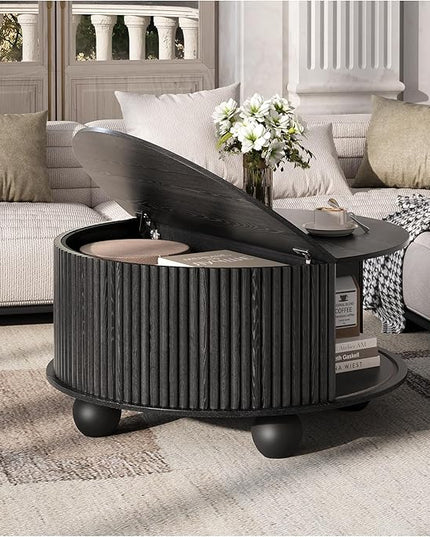 Round Coffee Table with Storage, 31.5" Circle Coffee Table with Sliding Door & Bun Feet, Fluted Center Table for Living Room, Home Small Space, Black