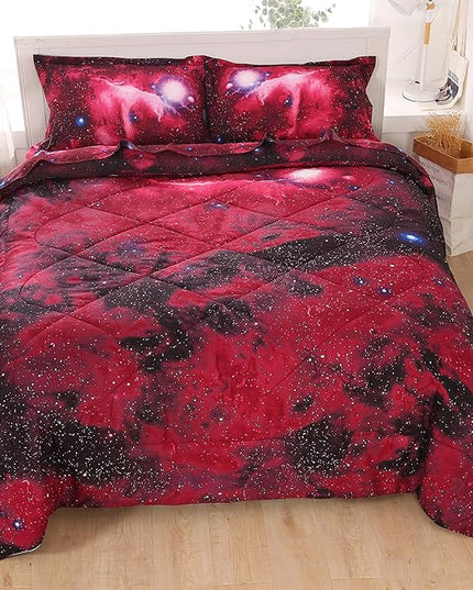 Wowelife Galaxy Bedding Set for Kids - 5-Piece Full, Red, 3D Comforter Set, Soft Kids Bedding