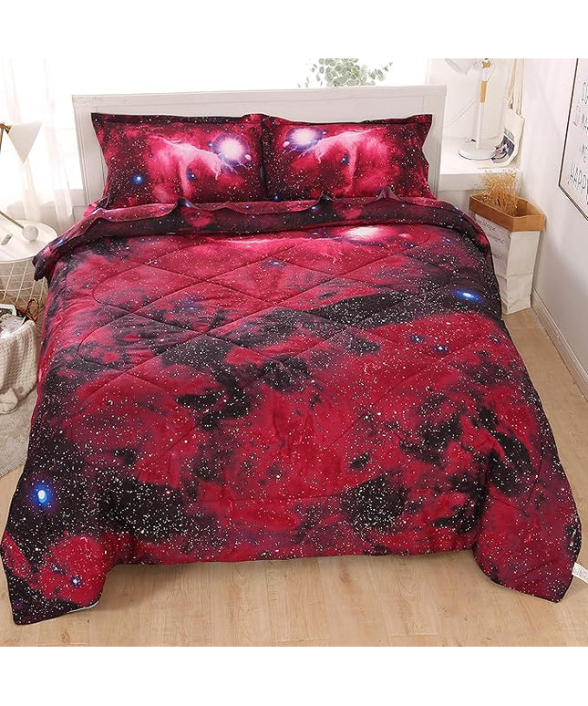 Wowelife Galaxy Bedding Set for Kids - 5-Piece Full, Red, 3D Comforter Set, Soft Kids Bedding