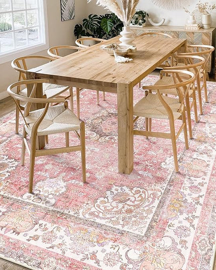Pink Rug 6'x9' Area Rugs,Boho Washable Rug for Living Room Bedroom Dining Room,Large Vintage Bohemian Distressed Oriental Carpet Non Slip,Blush Floral Flowers