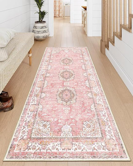 Washable Runner Rug 2'x6',Pink Rug Runners Non Slip,Long Boho Rugs for Hallways Kitchen Bathroom Bedroom Entryway,Vintage Bohemian Distressed Floor Carpet,Blush Floral Flowers