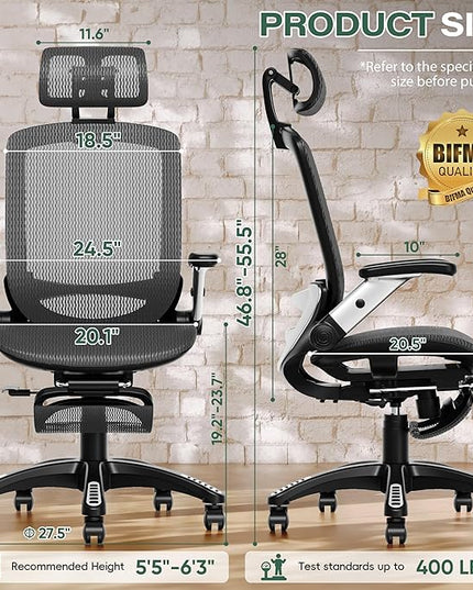 GABRYLLY Ergonomic Office Chair with Footrest, High Back Home Desk Chair - 3D Headrest, Flip-Up Arms, 135° Tilt and Wide Cushion, Heavy Duty Mesh Chairs for Task Computer Gaming,GYB01-FT
