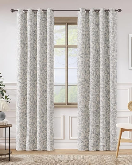 Lazzzy Grey Floral Lined Curtains Linen Farmhouse 84 Inches Long Grommet Top Drapes for Living Room Bedroom Country Vintage Flower Printed Curtains 2 Panels Set Gray on Beige