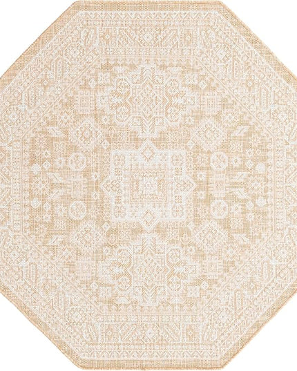 Rugs.com Outdoor Aztec Collection Rug – 5 Ft Octagon Natural Flatweave Rug Perfect for Living Rooms, Kitchens, Entryways