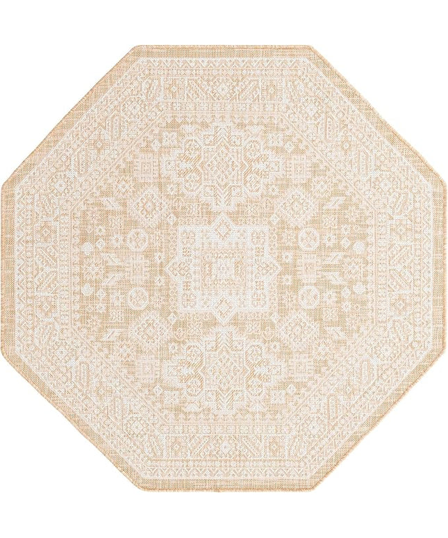 Rugs.com Outdoor Aztec Collection Rug – 5 Ft Octagon Natural Flatweave Rug Perfect for Living Rooms, Kitchens, Entryways