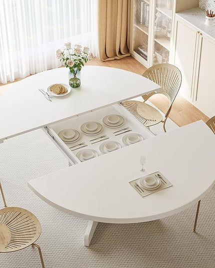 iPormis 59" Round Extendable Dining Table for 4-6, Modern Kitchen Table with Heavy Duty Pedestal Base & Wooden Top, Oval Dining Room Table for Dining Living Room, Easy Assembly, White