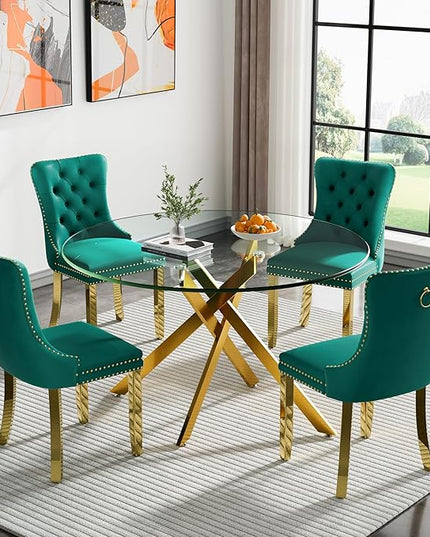 Round Glass Dining Table Set for 4, 47'' Clear Circular Kitchen Table and Chairs Set, 5PCS Modern Circle Dining Room Table Set with 4 Velvet Dining Chair for Home