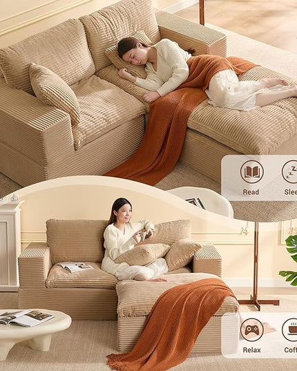 74.8” Cloud Couch, Modular Loveseat Sofa, Convertible Sofas Bed, Deep Seat Sofa, Cozy Sofa for Living Room, Office and Bedroom, L Shaped Cozy Sofa Furniture Set, Corduroy, Camel
