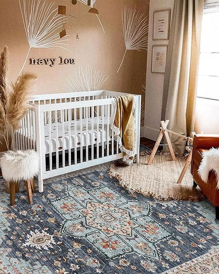 Washable Oriental Area Rug - 8x10 Rugs for Living Room Soft Carpet for Bedroom Waterproof Floral Distressed Indoor Stain Resistant Non-Shedding Floor Carpets (Blue/Teal/Orange, 8x10)
