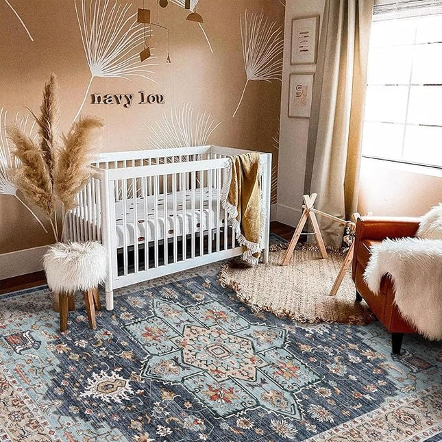 Washable Oriental Area Rug - 8x10 Rugs for Living Room Soft Carpet for Bedroom Waterproof Floral Distressed Indoor Stain Resistant Non-Shedding Floor Carpets (Blue/Teal/Orange, 8x10)