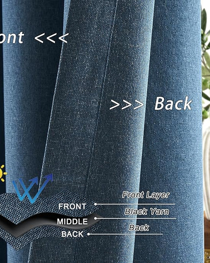 Full Blackout Linen Curtains 102 Inches Long, 100% Light Blocking Noise Reducing Patio Door Curtains, Floor to Ceiling Farmhouse Drapes for Dining Room, Denim Blue, W52 x L102, 2 Panels