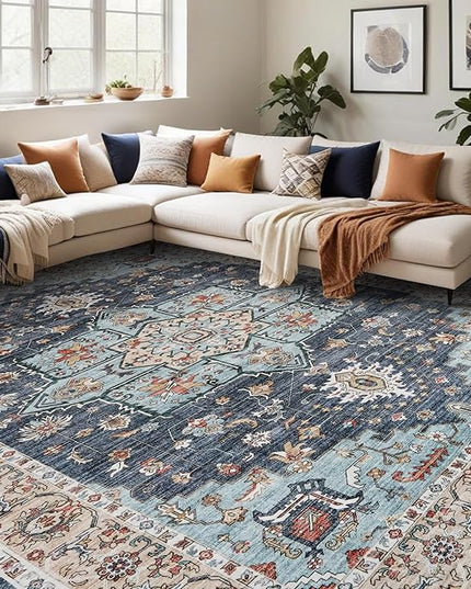 Washable Oriental Area Rug - 12x15 Rugs for Living Room Soft Carpet for Bedroom Waterproof Floral Distressed Indoor Stain Resistant Non-Shedding Floor Carpets (Blue/Teal/Orange, 12x15)