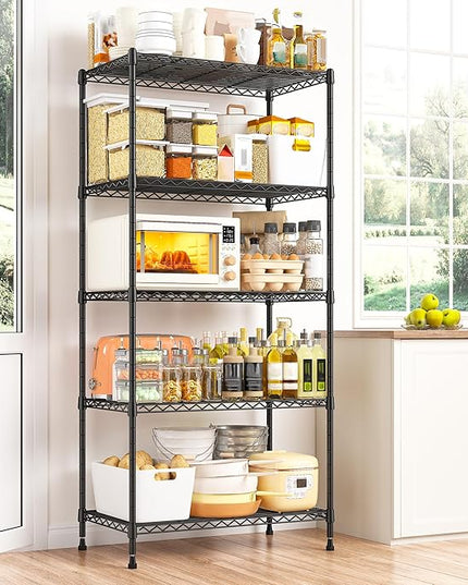 REIBII 5 Tier Storage Shelves Adjustable Wire Rack Shelving, Kitchen Shelves 13.4" D x 23.2" W x 60" H Strong Metal Shelves for Restaurant Garage Pantry，Black