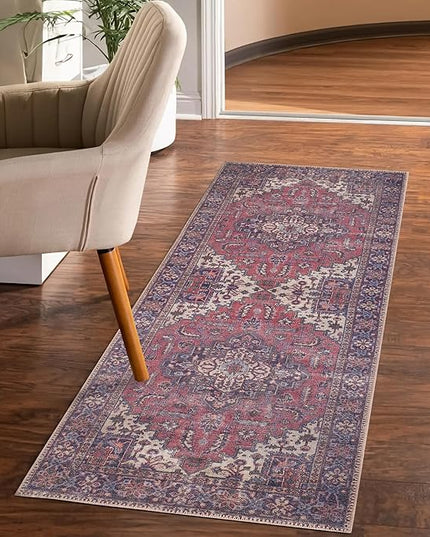 GLN Rugs Traditional Collection - Machine Washable Area Rug, Traditional Washable, Non Slip, Low Pile Chenille Rug, Living Room, Bedroom, Kitchen Rug (2'6"x7' Multi Blue)