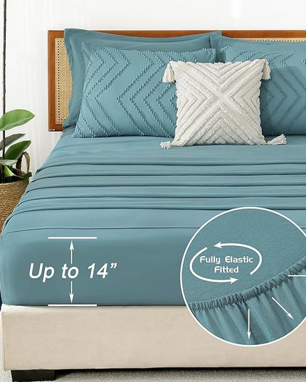Litanika Grayish Teal California King Size Comforter Set with Sheets - 7 Pieces Bed in a Bag California King Boho Tufted Complete Bedding Sets with Comforter, Sheets, Pillowcases & Shams