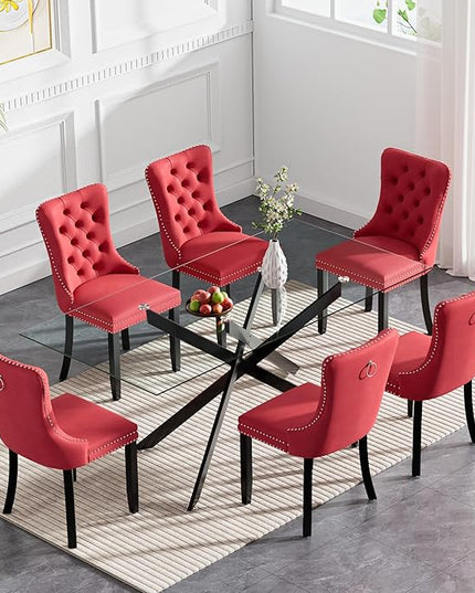 Modern 7-Piece Glass Dining Table Set for 6, Modern 60" Rectangle Black Glass Dining Room Table Set with Burgundy Velvet Tufted Chairs Wood Legs for Kitchen Dining Room