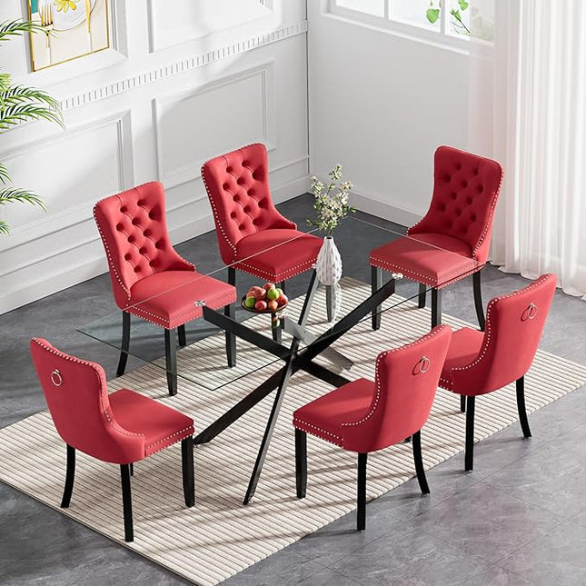 Modern 7-Piece Glass Dining Table Set for 6, Modern 60" Rectangle Black Glass Dining Room Table Set with Burgundy Velvet Tufted Chairs Wood Legs for Kitchen Dining Room