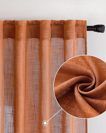 MIULEE Orange Curtains 90 Inch Length 2 Panels for Bedroom Living Room, Soft Thick Linen Textured Window Drapes Semi Sheer Light Filtering Back Tab Rod Pocket Burlap Look Fall Boho Decor