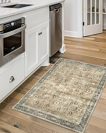ReaLife Rugs Machine Washable Area Rug - Living Room Bedroom Bathroom Kitchen Entryway Office - Padded Crease Free Stain Resistant Premium - Boho Farmhouse Vintage- Dua- Brown Beige - 2'x 3'