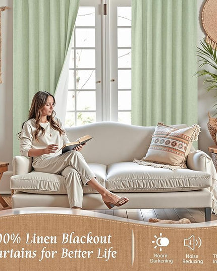 LAMIT Natural 100% Blackout Linen Curtains, 54 Inches Linen Textured Thermal Bedroom Curtains Back Tab and Rod Pocket Neutral Panels with White Liner for Farmhouse, 2 Panels, 38 x 54 Inch, Light Green