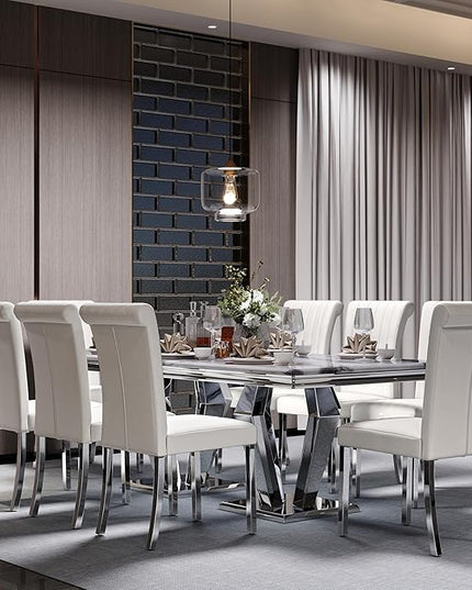 78" Dining Table, Glam Dining Room Table with Metal Mirrored Pedestal, Silver and Grey Kitchen Table for 4-8