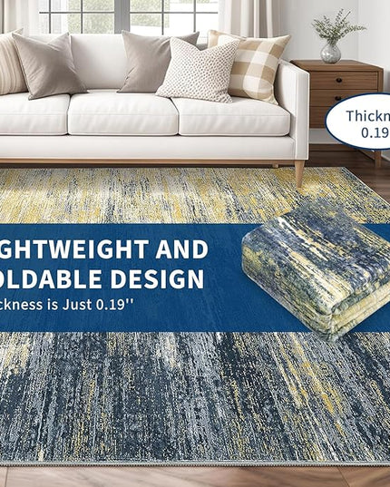 Modern Abstract Living Room Rug 8x10, Washable Area Rugs for Bedroom, Stain Resistant Non Slip Large Rug, Soft Indoor Carpet for Dining Room Table Home Decor, Yellow/Black