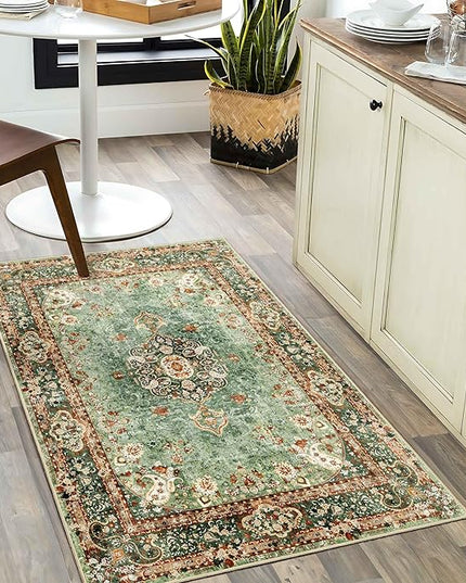 Small Rugs 2x3,Green Rug for Entryway Bathroom Bedroom Kitchen Entrance Doormat,Boho Vintage Bohemian Distressed Washable Oriental Accent Floor Throw Carpet Non Slip