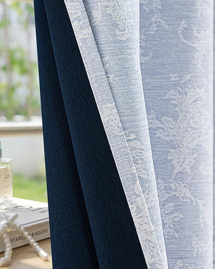 FMFUNCTEX Blue Floral Jacquard Blackout Curtains 63 Inch Length for Bedroom, Scroll Flower Chenille Farmhouse Curtains for Living Room Darkening Thermal Insulated Grommet Window Drapes 2 Panels