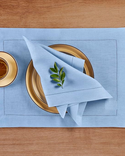 Solino Home Linen Cloth Napkins Set of 4-100% Pure Linen Cornflower Blue Dinner Napkins 20 x 20 Inch - Classic Hemstitch, Handcrafted and Machine Washable - Christmas, Holiday, New Year