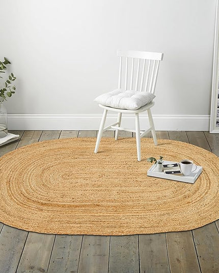 Hand Woven Jute Area Rug - 4' x 6' Feet - Rustic Beige Reversible Oval Rugs for Bedroom, Kitchen, Living Room - Vintage Natural Braided Entry Floor Décor Boho Oval Area Rugs 4x6 Feet